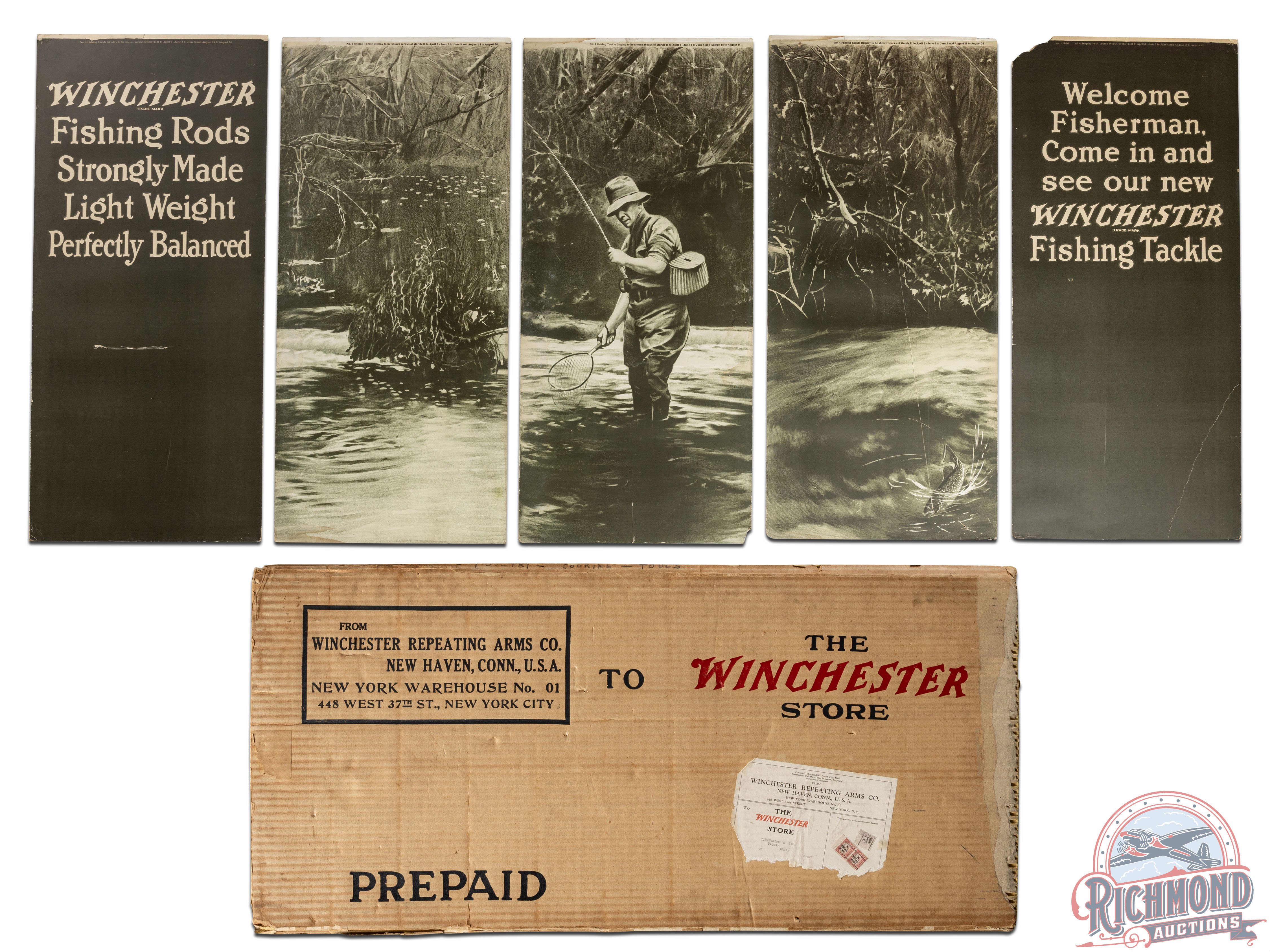 Winchester "Fly Fishing" & "Junior Rifle Corps - Learn to Shoot" Scene 5 Panel Display Sign w/ Box