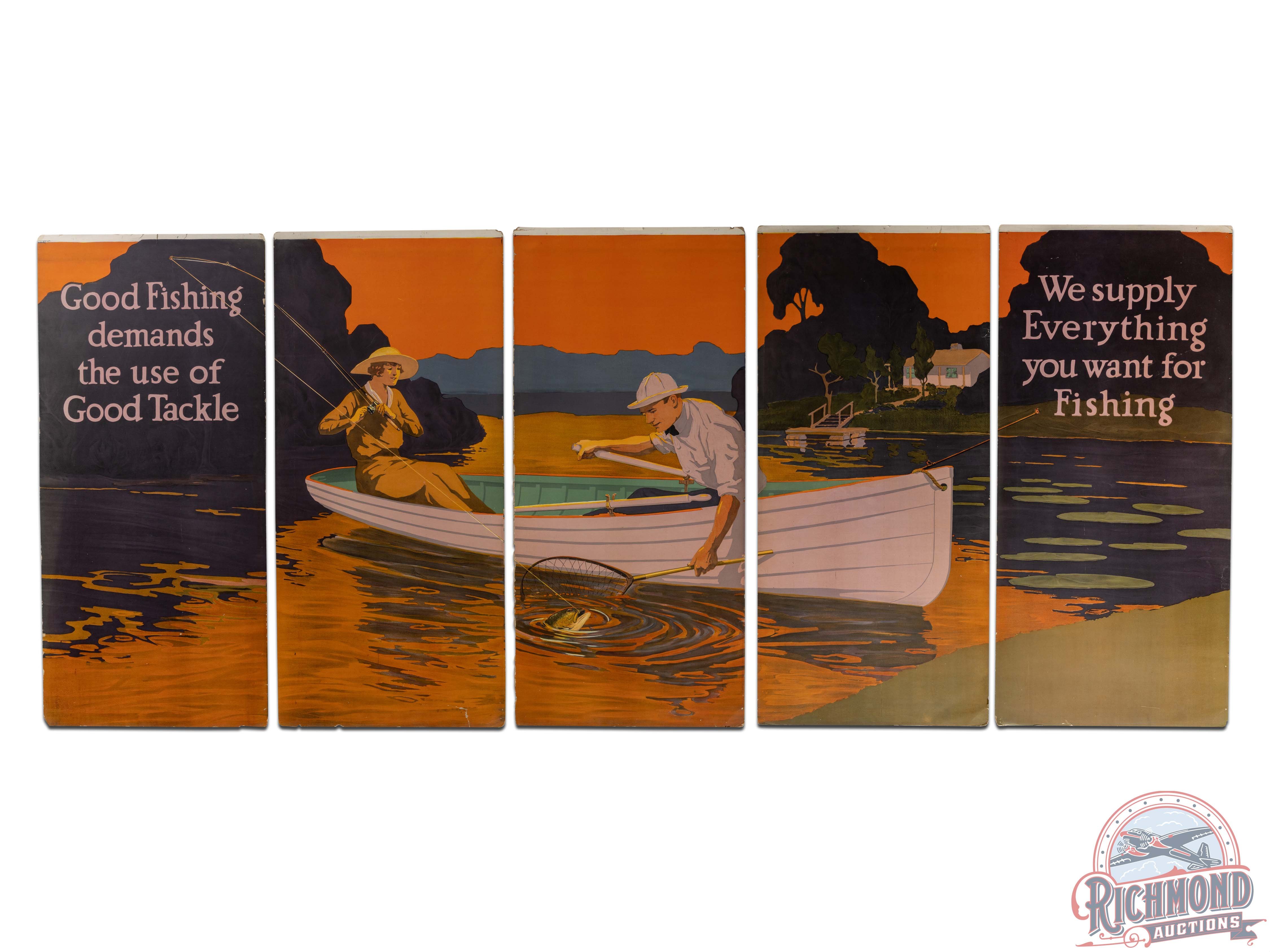 Early & Complete 1920 Winchester "Good Fishing" 5 Panel Display Sign