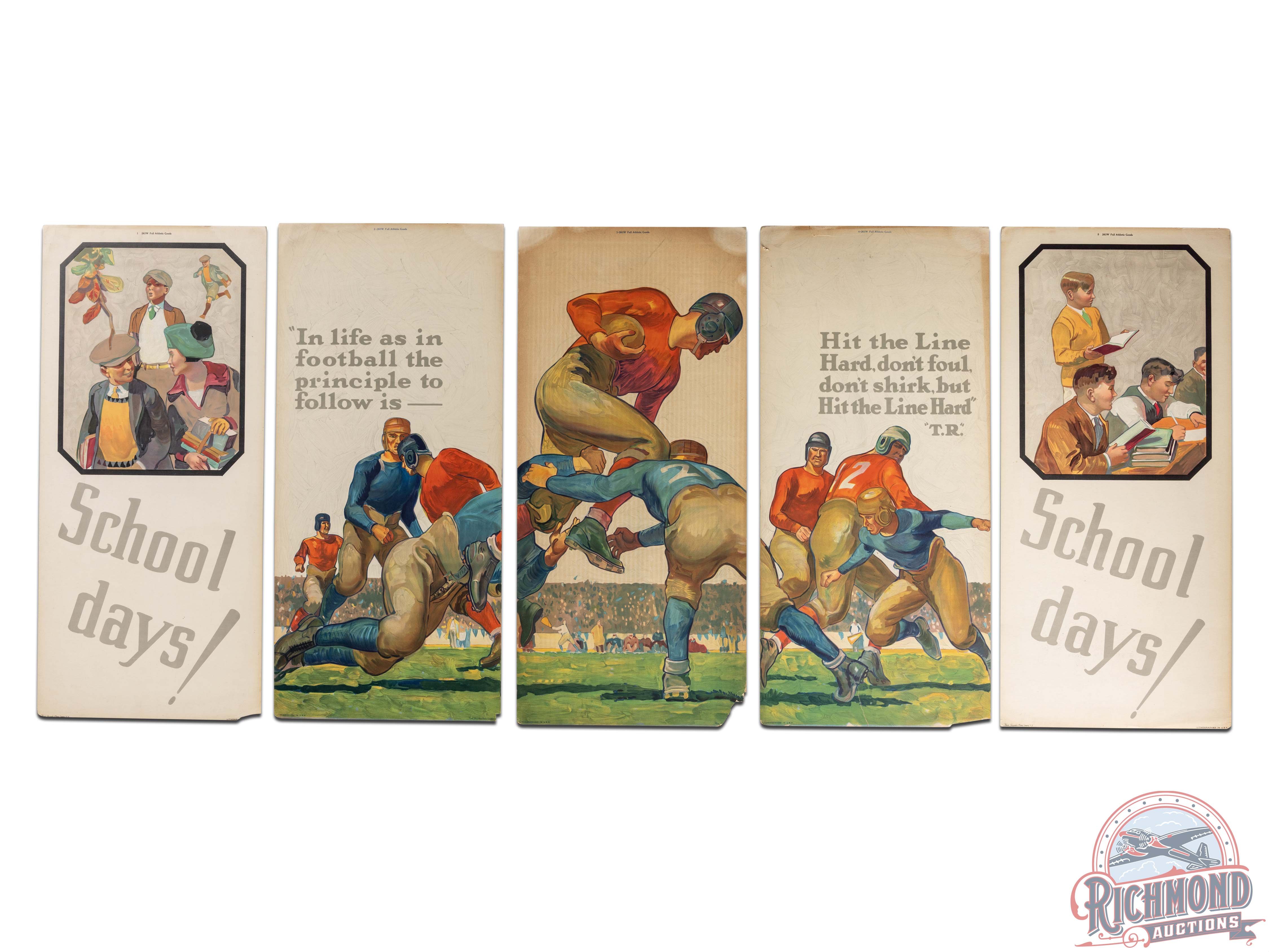 Complete 1926 Winchester "School Days, Football" & "Flashlights and Batteries" 5 Panel Display Sign