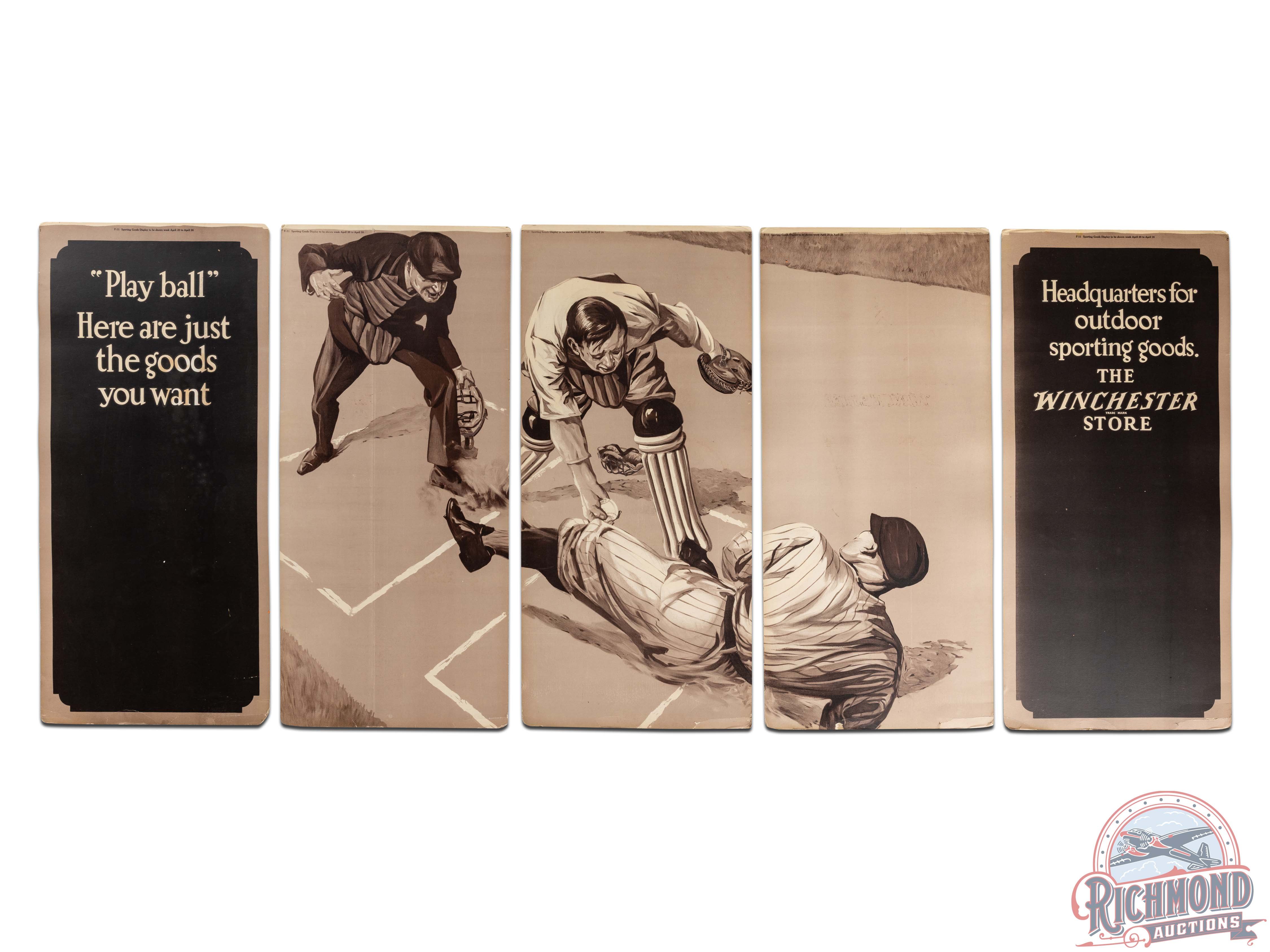 Complete 1922 Winchester "Baseball Products" & "Five Cutlery Scenes" 5 Panel Display Sign