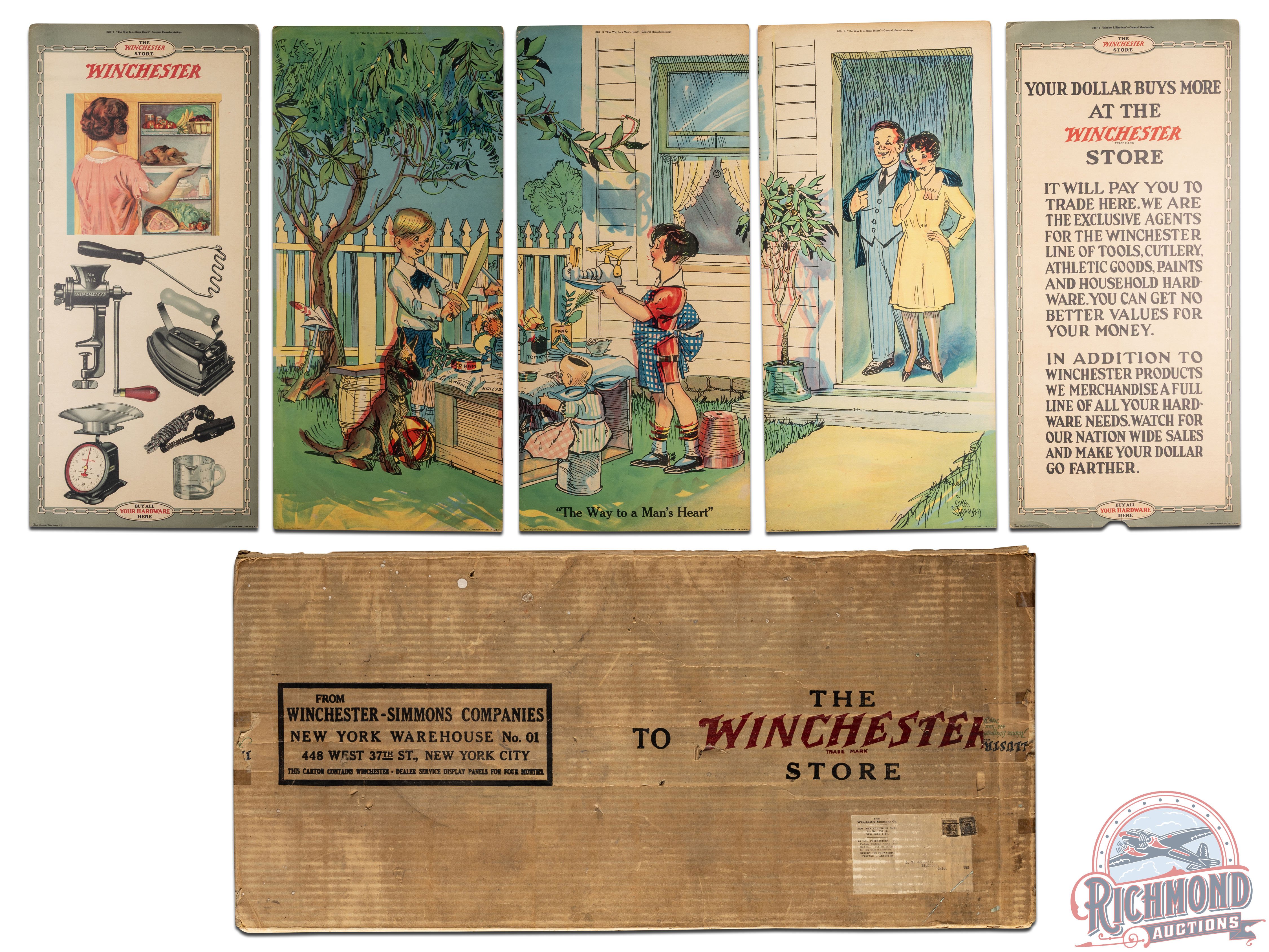 Early & Complete 1928 Winchester "The Way to a Man's Heart Comedy" 5 Panel Display Sign w/ Box