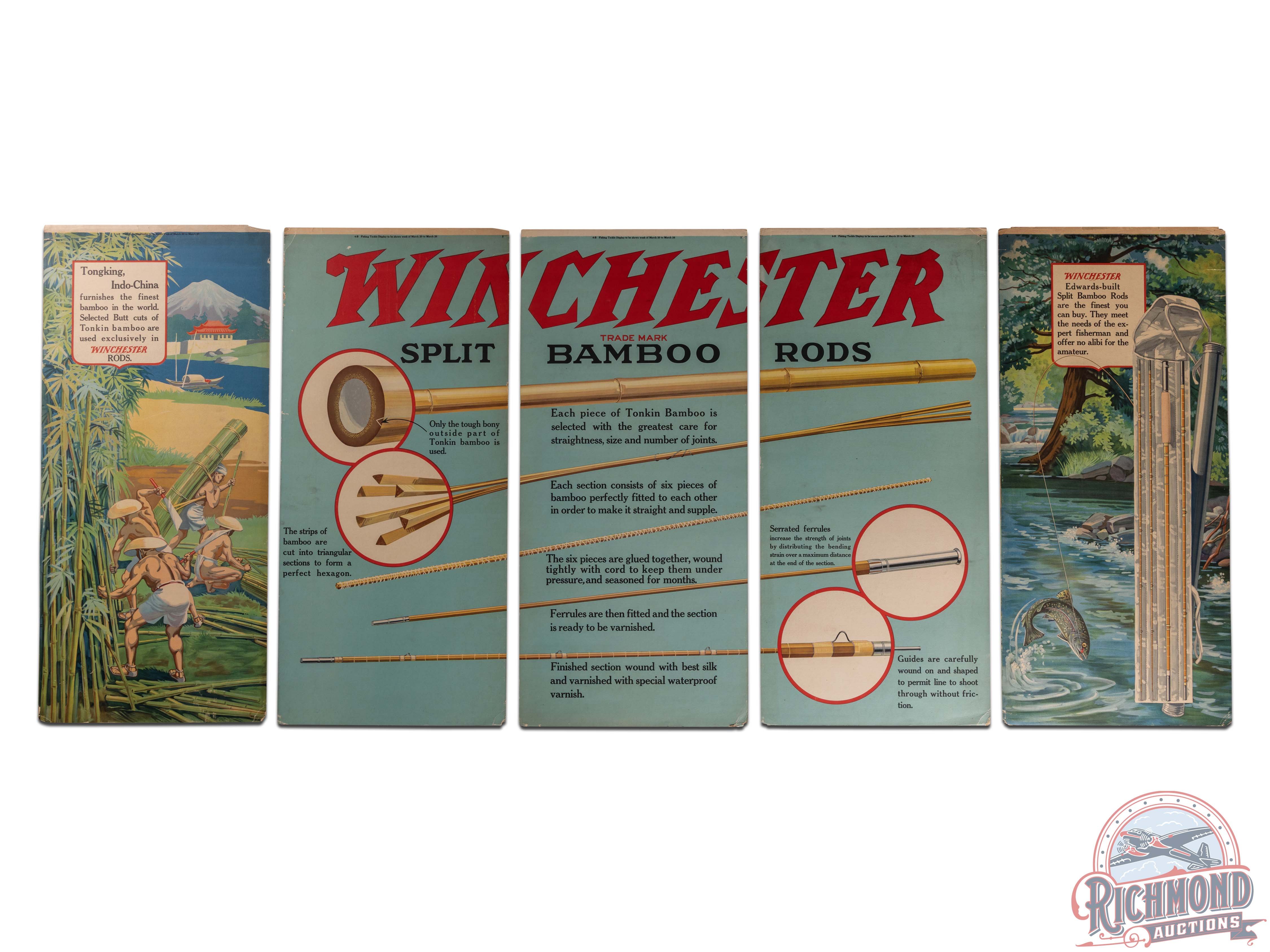 Complete 1924 Winchester "Steel Goods" & "Split Bamboo Rods" 5 Panel Display Sign