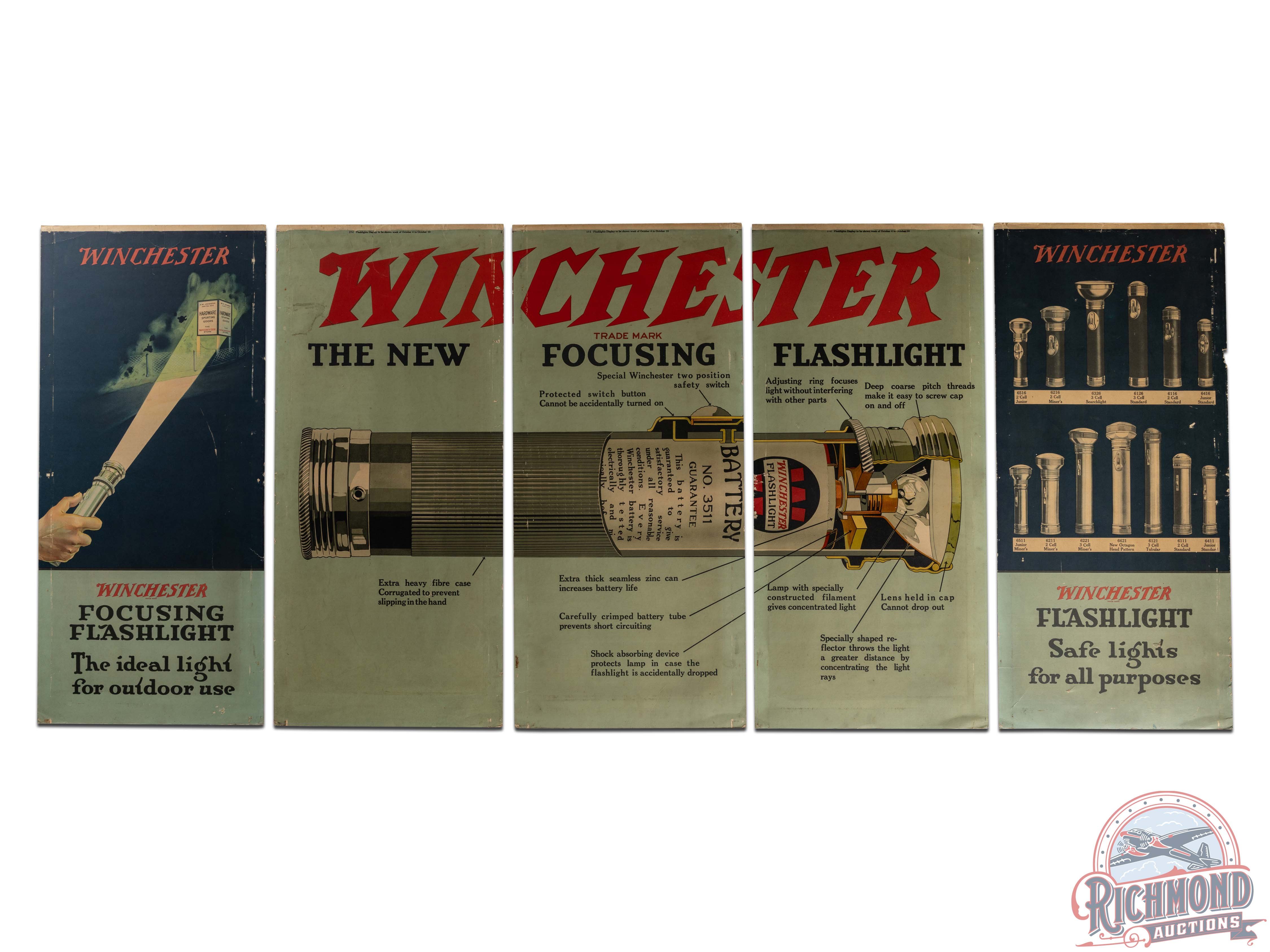 Complete 1923 Winchester "Large Focusing Flashlight" & "Multiple Tools" 5 Panel Display Sign