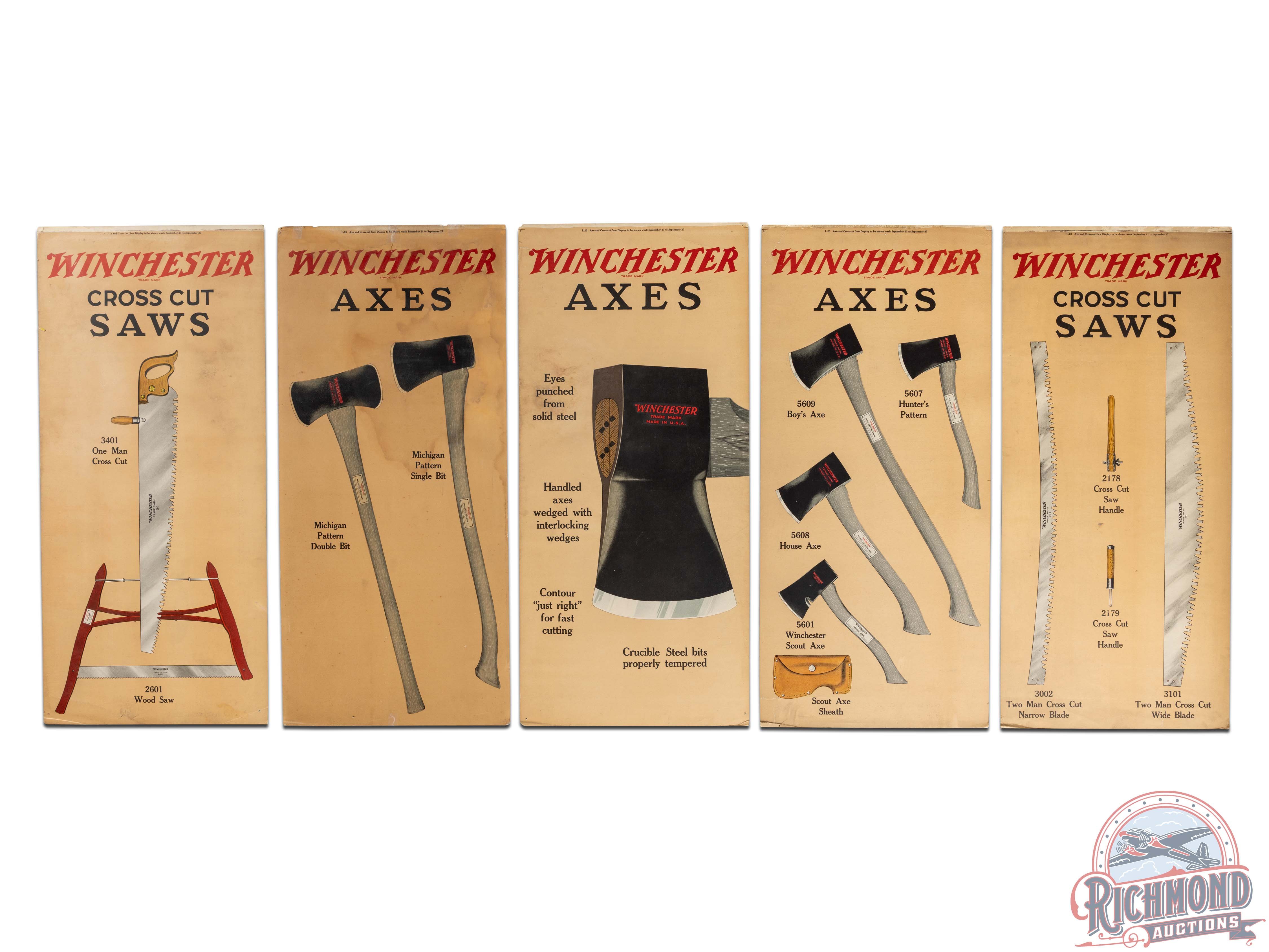 Complete 1922 Winchester "Axes and Saws" & "Multiple Tools" 5 Panel Display Sign