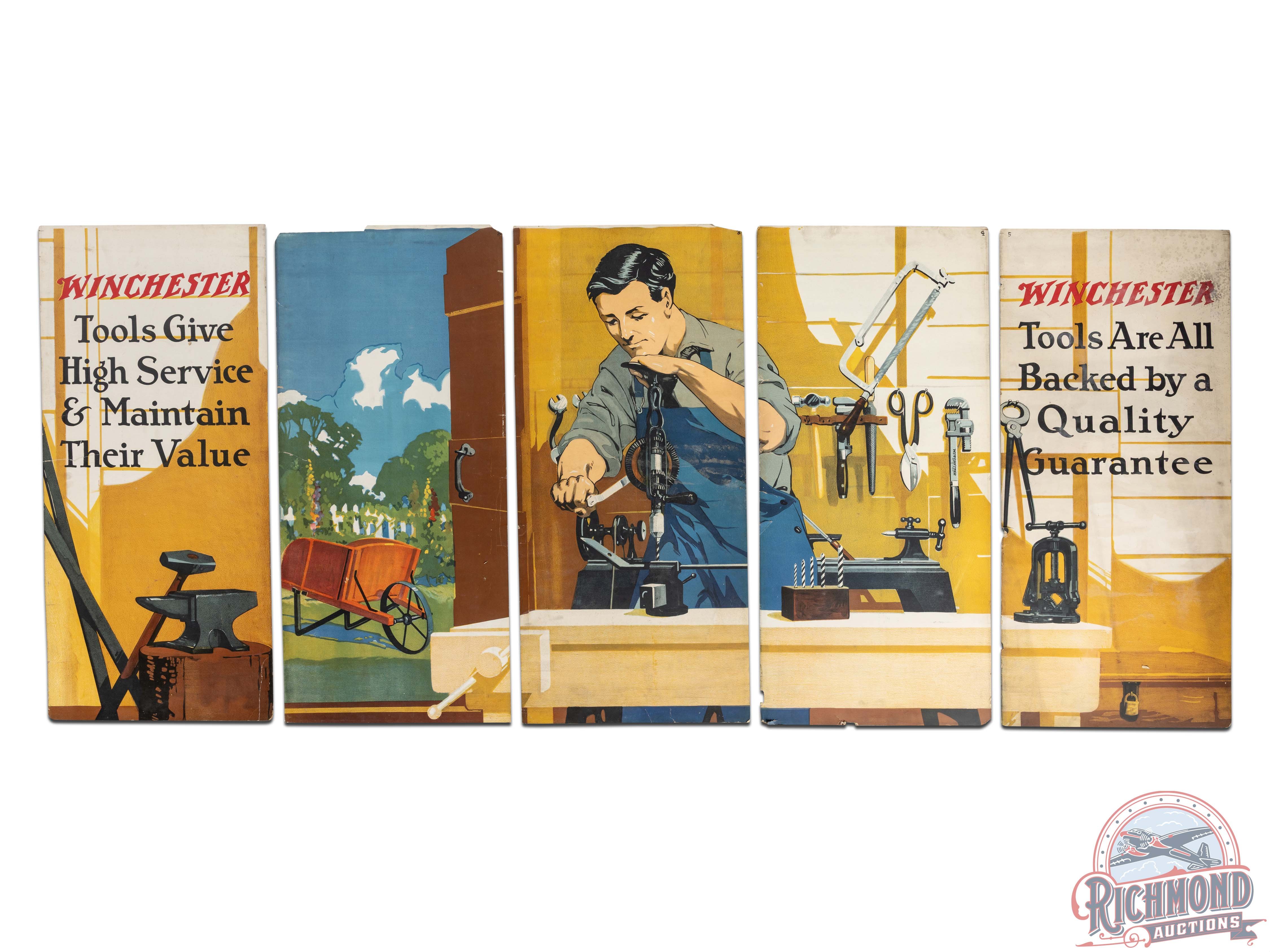 Early & Complete 1920 Winchester "Tools and Workbench" & "Extinguish Fire" 5 Panel Display Sign