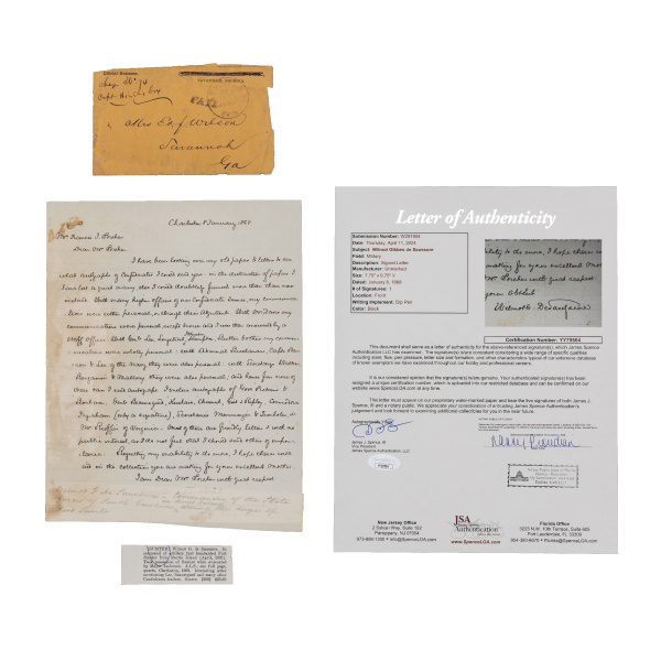 Wilmot Gibbes de Saussure Letter, Cmdr. of Fort Moultrie During Battle of Fort Sumter Lattimer Coll.