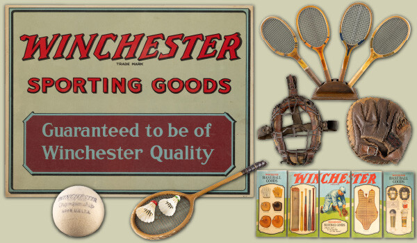 Winchester sporting goods sign, tennis rackets, baseball gear, tennis ball, baseball sign